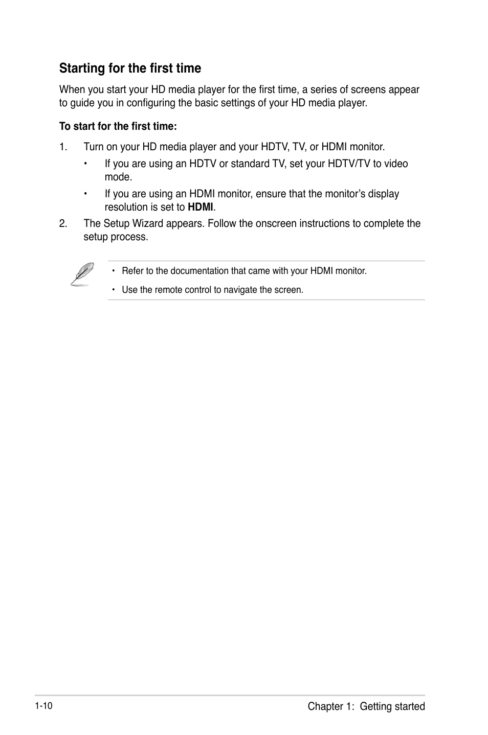 Starting for the first time, Starting for the first time -10 | Asus O!Play Mini Plus User Manual | Page 20 / 70