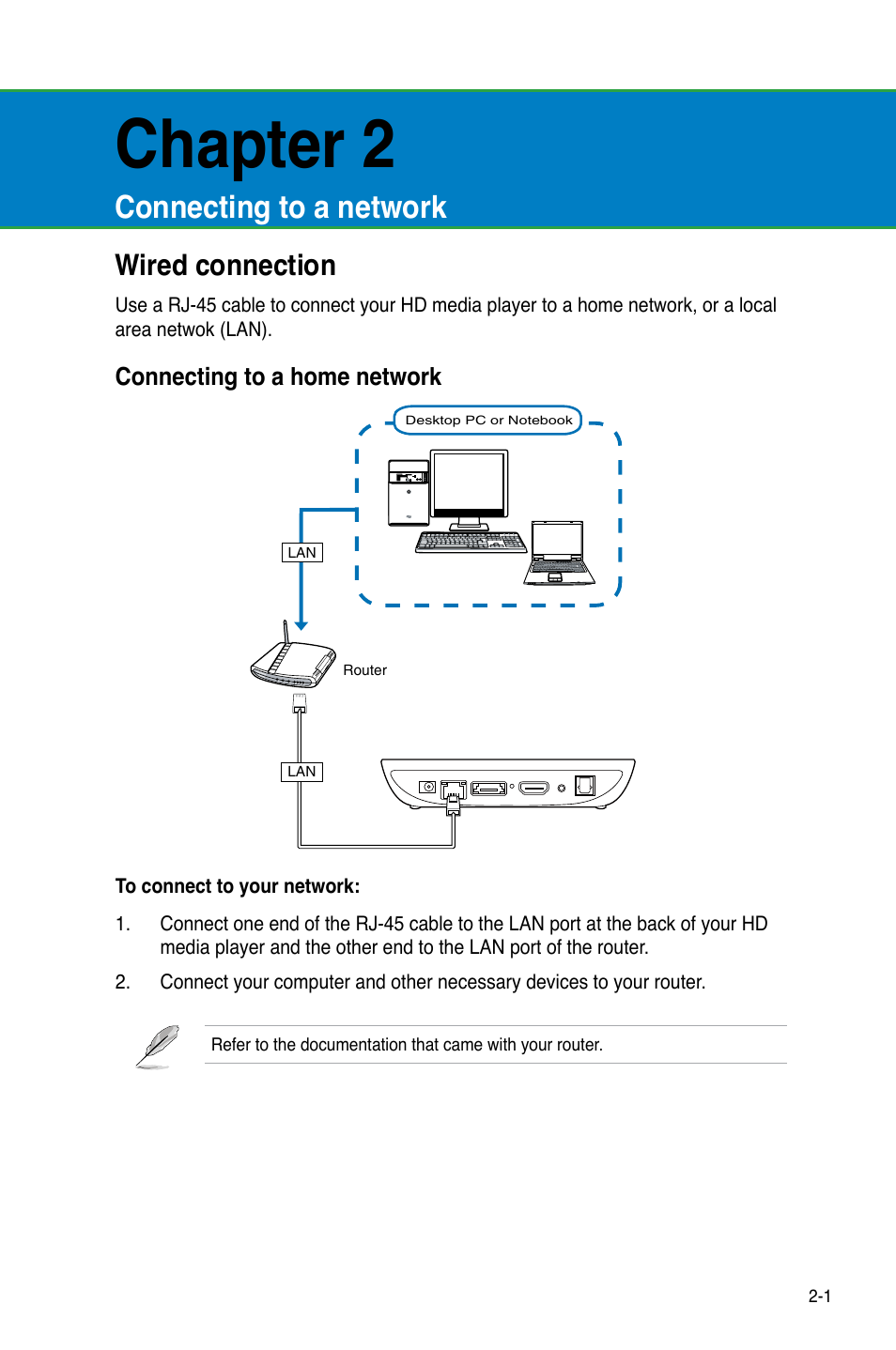 Chapter 2: connecting to a network, Wired connection, Connecting to a home network | Connecting to a network, Wired connection -1, Connecting to a home network -1, Chapter 2 | Asus O!Play Mini Plus User Manual | Page 21 / 70