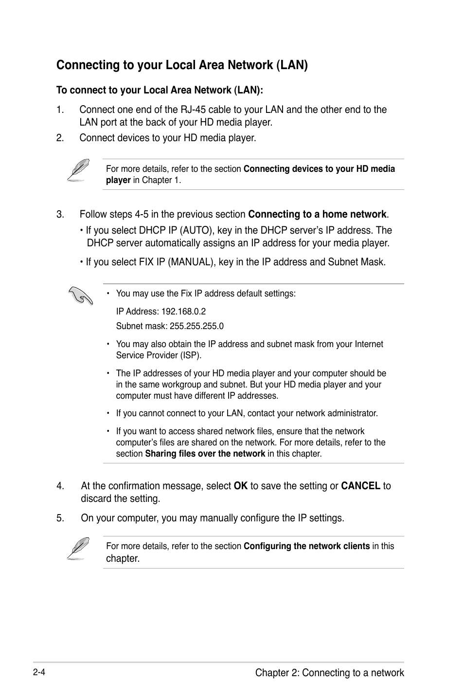 Connecting to your local area network (lan), Connecting to your local area network (lan) -4 | Asus O!Play Mini Plus User Manual | Page 24 / 70