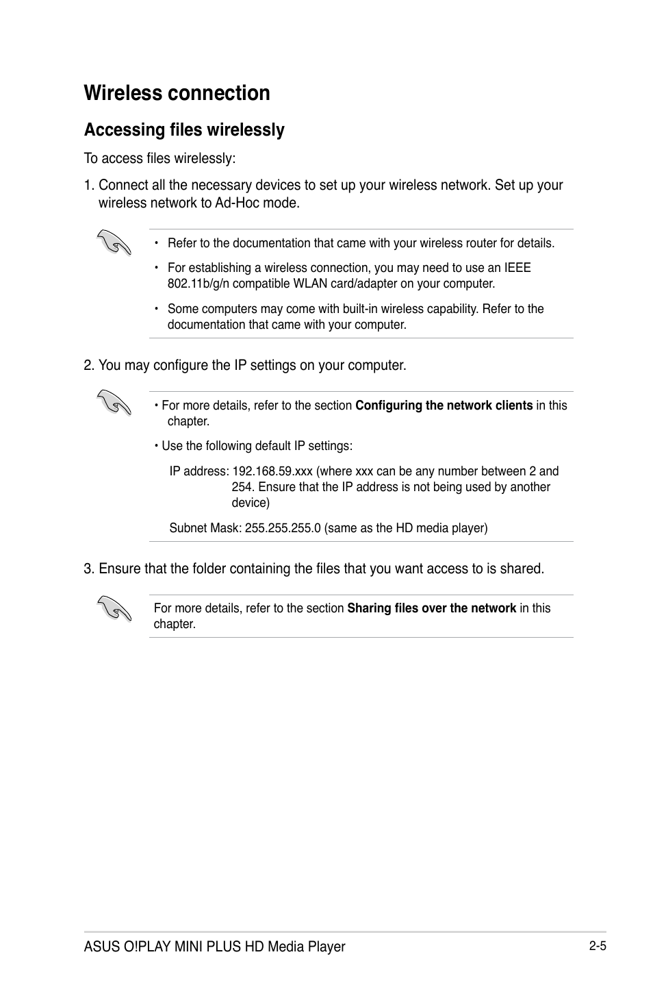 Wireless connection, Accessing files wirelessly, Wireless connection -5 | Accessing files wirelessly -5 | Asus O!Play Mini Plus User Manual | Page 25 / 70
