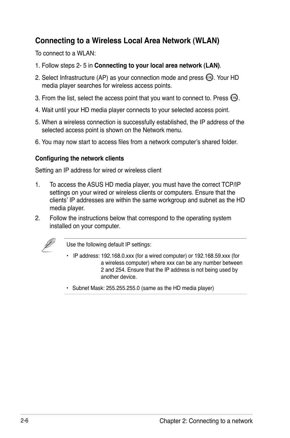 Connecting to a wireless local area network (wlan) | Asus O!Play Mini Plus User Manual | Page 26 / 70