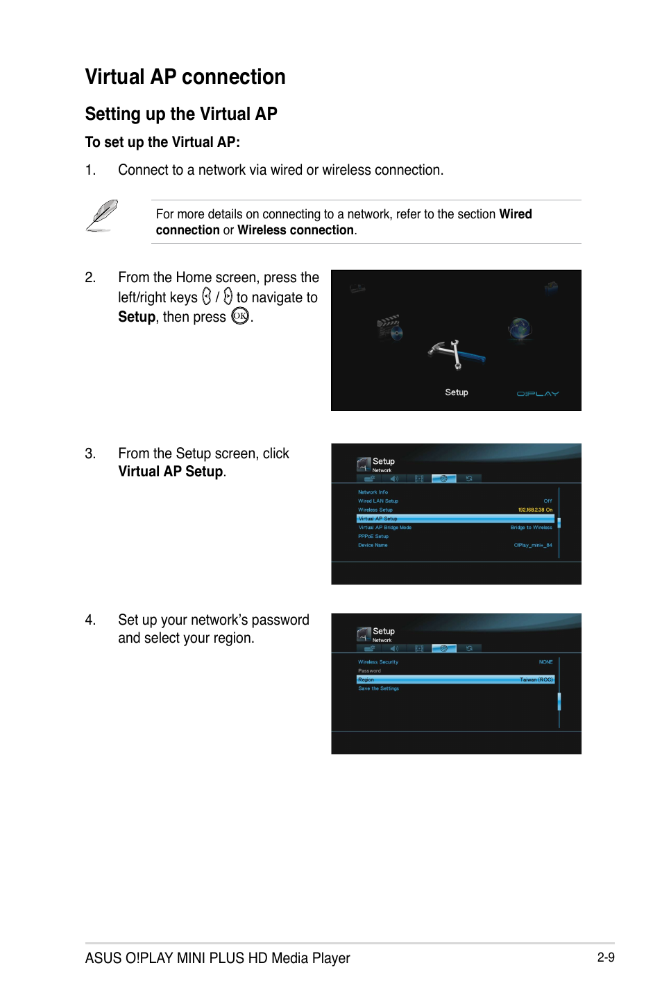 Virtual ap connection, Setting up the virtual ap, Virtual ap connection -9 | Setting up the virtual ap -9 | Asus O!Play Mini Plus User Manual | Page 29 / 70