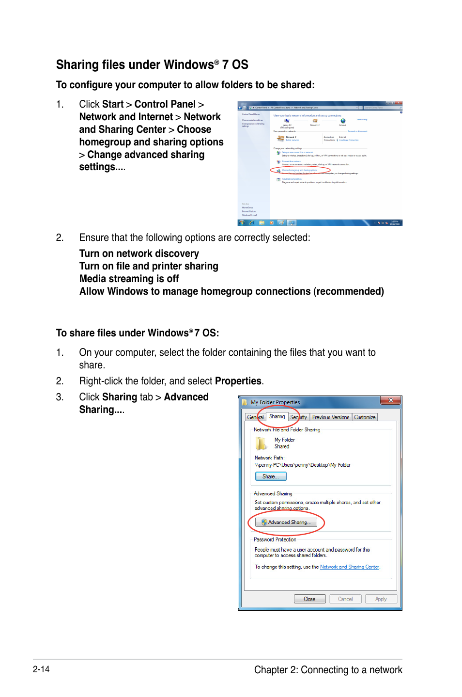 Sharing files under windows® 7 os, Sharing files under windows, 7 os -14 | 7 os | Asus O!Play Mini Plus User Manual | Page 34 / 70