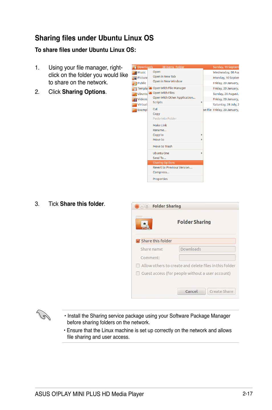 Sharing files under ubuntu linux os, Sharing files under ubuntu linux os -17 | Asus O!Play Mini Plus User Manual | Page 37 / 70