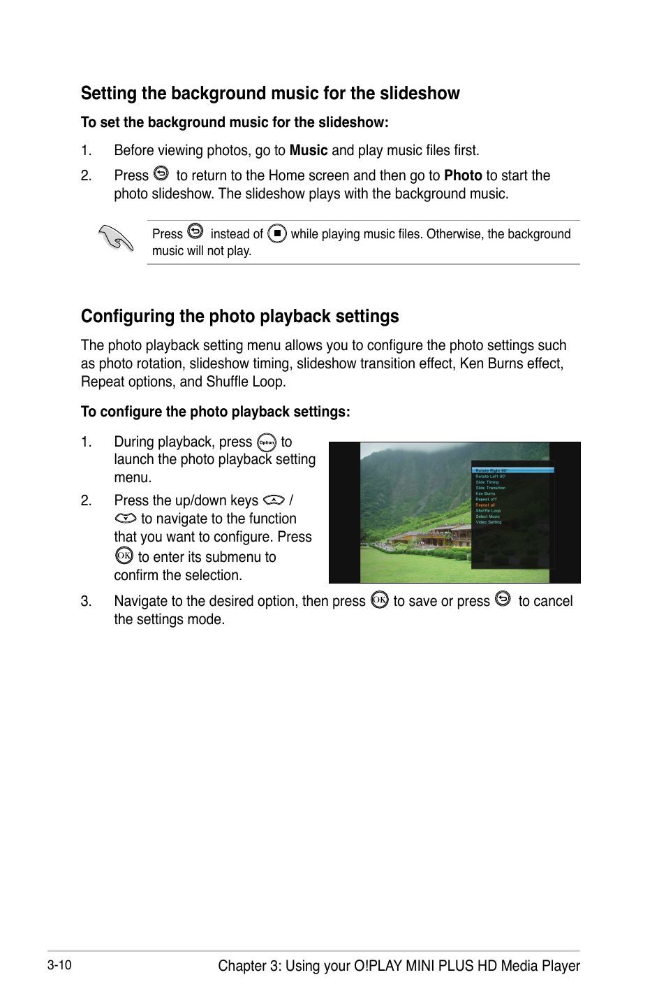 Setting the background music for the slideshow, Configuring the photo playback settings | Asus O!Play Mini Plus User Manual | Page 48 / 70