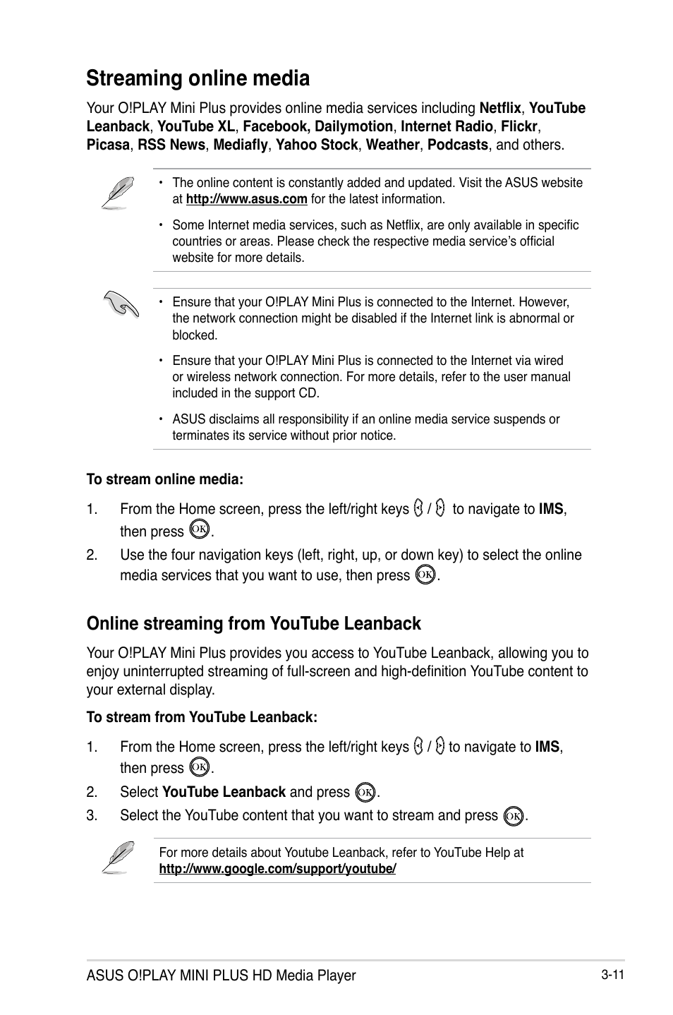 Streaming online media, Online streaming from youtube leanback, Streaming online media -11 | Online streaming from youtube leanback -11 | Asus O!Play Mini Plus User Manual | Page 49 / 70