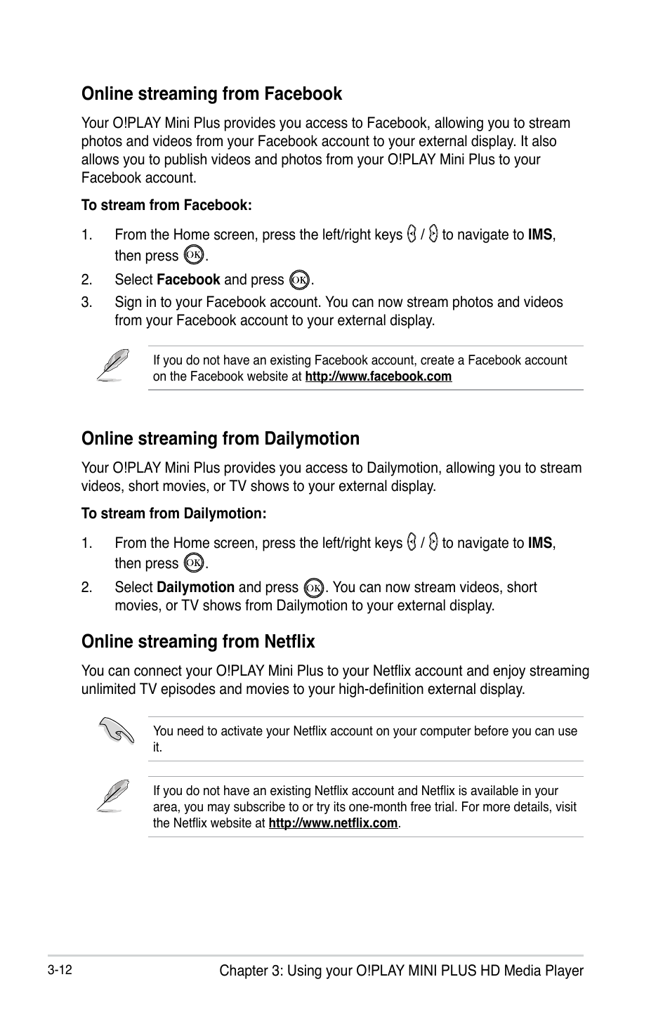 Online streaming from facebook, Online streaming from dailymotion, Online streaming from netflix | Asus O!Play Mini Plus User Manual | Page 50 / 70