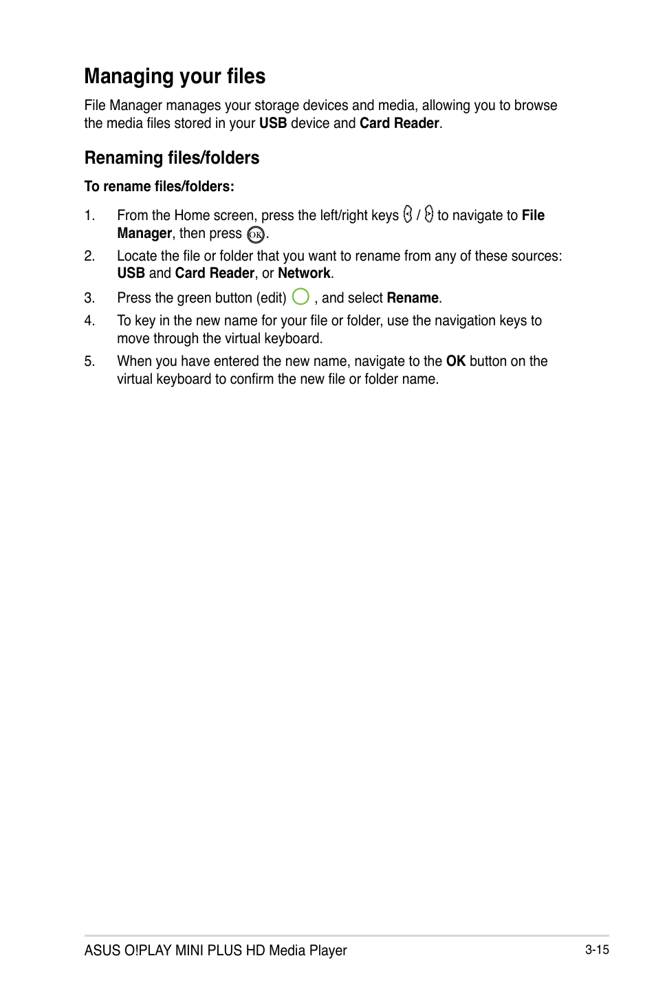 Managing your files, Renaming files/folders, Managing your files -15 | Renaming files/folders -15 | Asus O!Play Mini Plus User Manual | Page 53 / 70