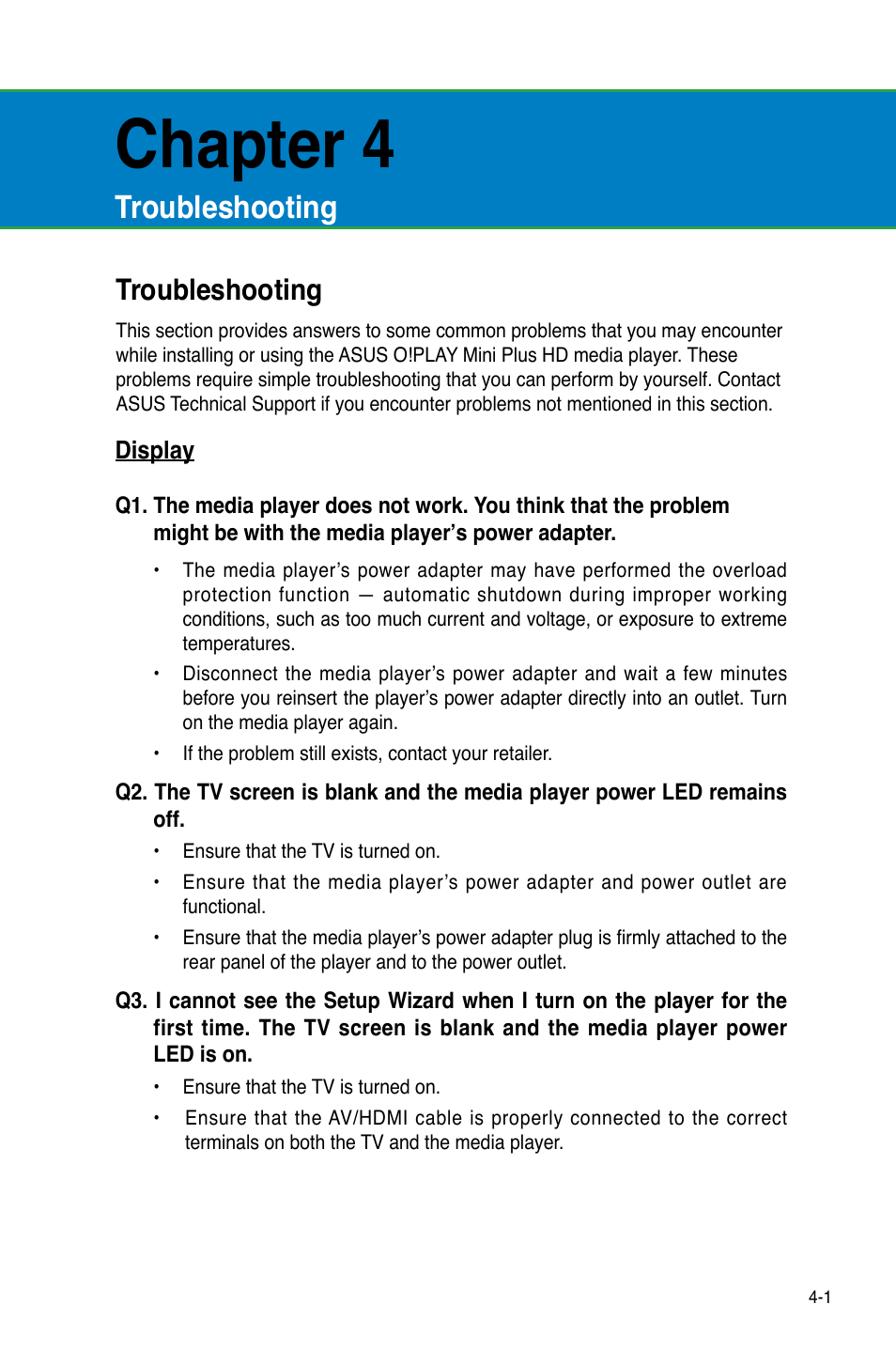 Chapter 4: troubleshooting, Troubleshooting, Display | Troubleshooting -1, Display -1, Chapter 4 | Asus O!Play Mini Plus User Manual | Page 55 / 70