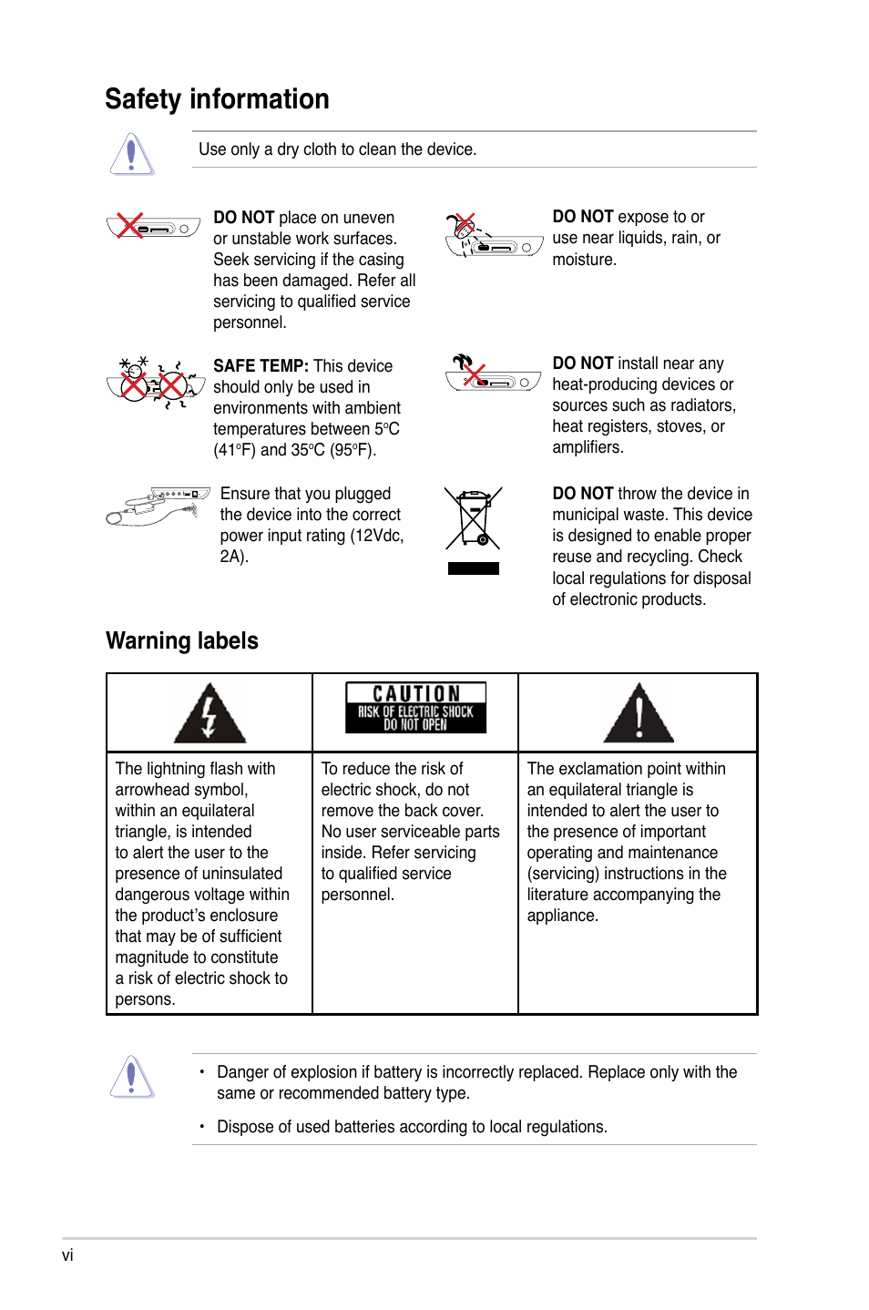 Safety information, Warning labels | Asus O!Play Mini Plus User Manual | Page 6 / 70