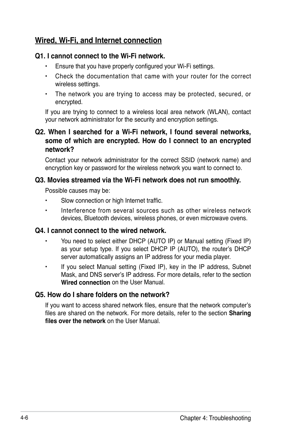 Wired, wi-fi, and internet connection, Wired, wi-fi, and internet connection -6 | Asus O!Play Mini Plus User Manual | Page 60 / 70