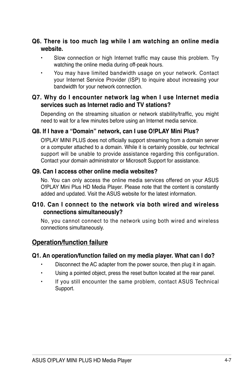 Operation/function failure, Operation/function failure -7 | Asus O!Play Mini Plus User Manual | Page 61 / 70