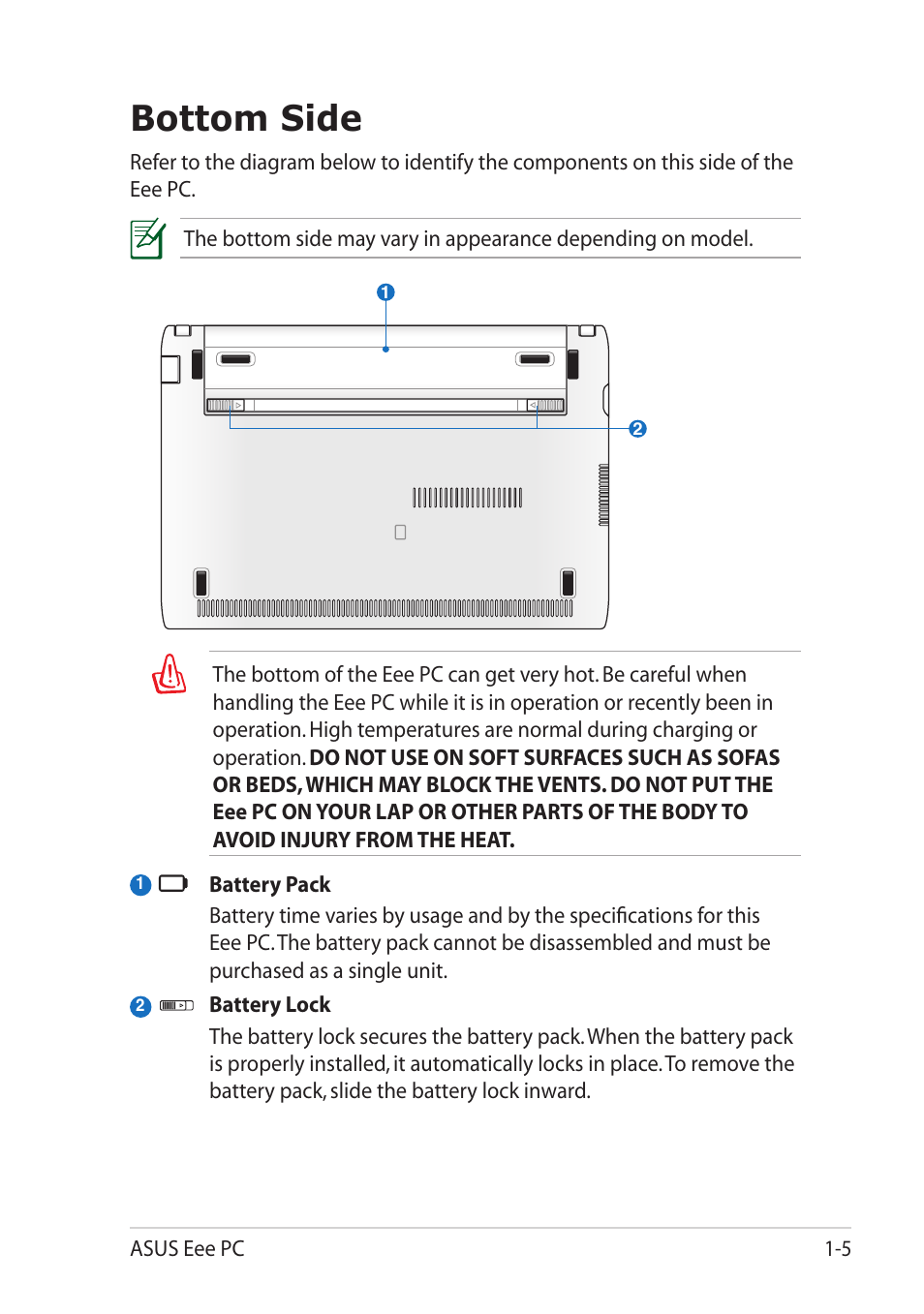 Bottom side, Bottom side -5 | Asus Eee PC R052C User Manual | Page 13 / 60