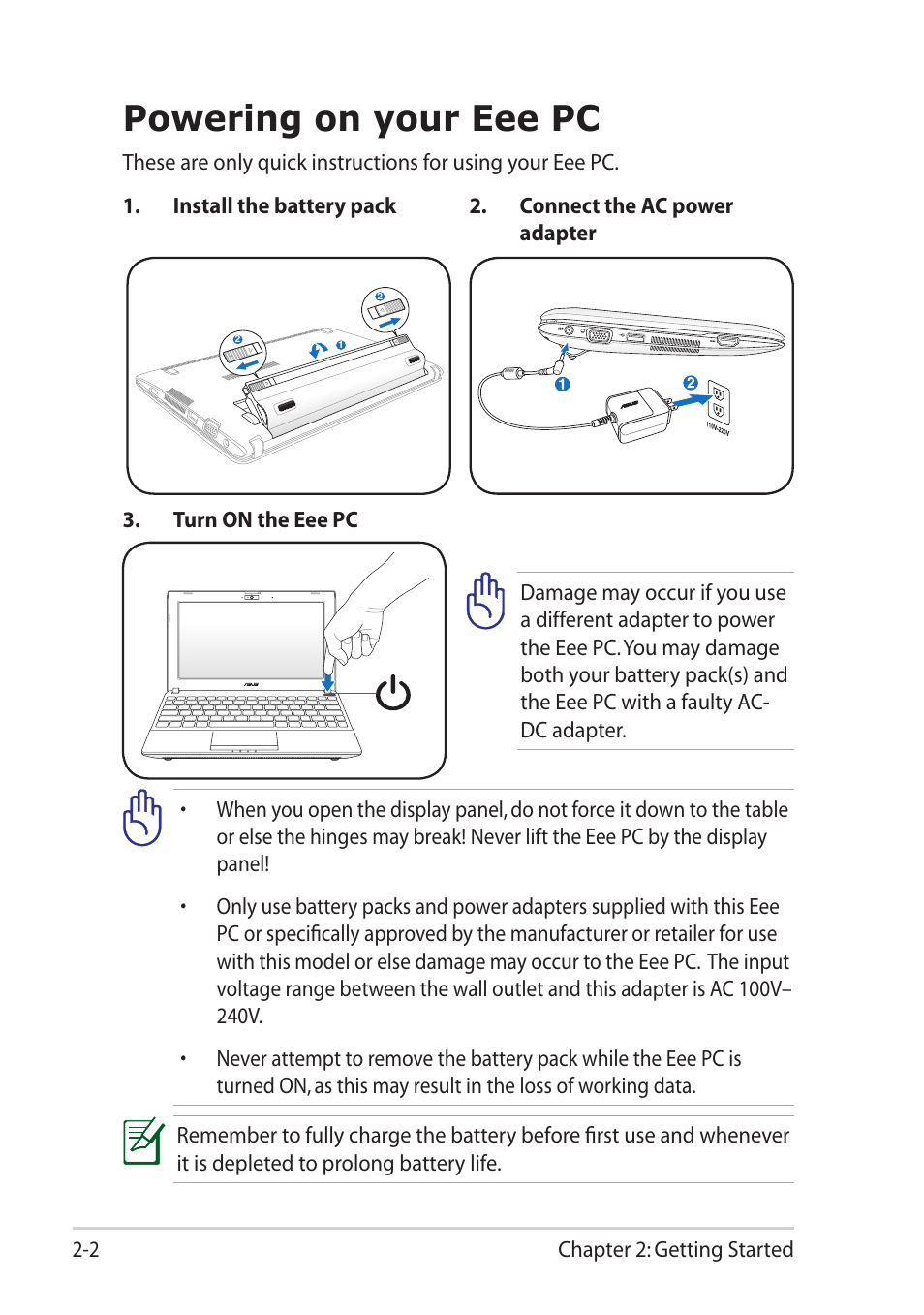 Powering on your eee pc, Powering on your eee pc -2 | Asus Eee PC R052C User Manual | Page 22 / 60