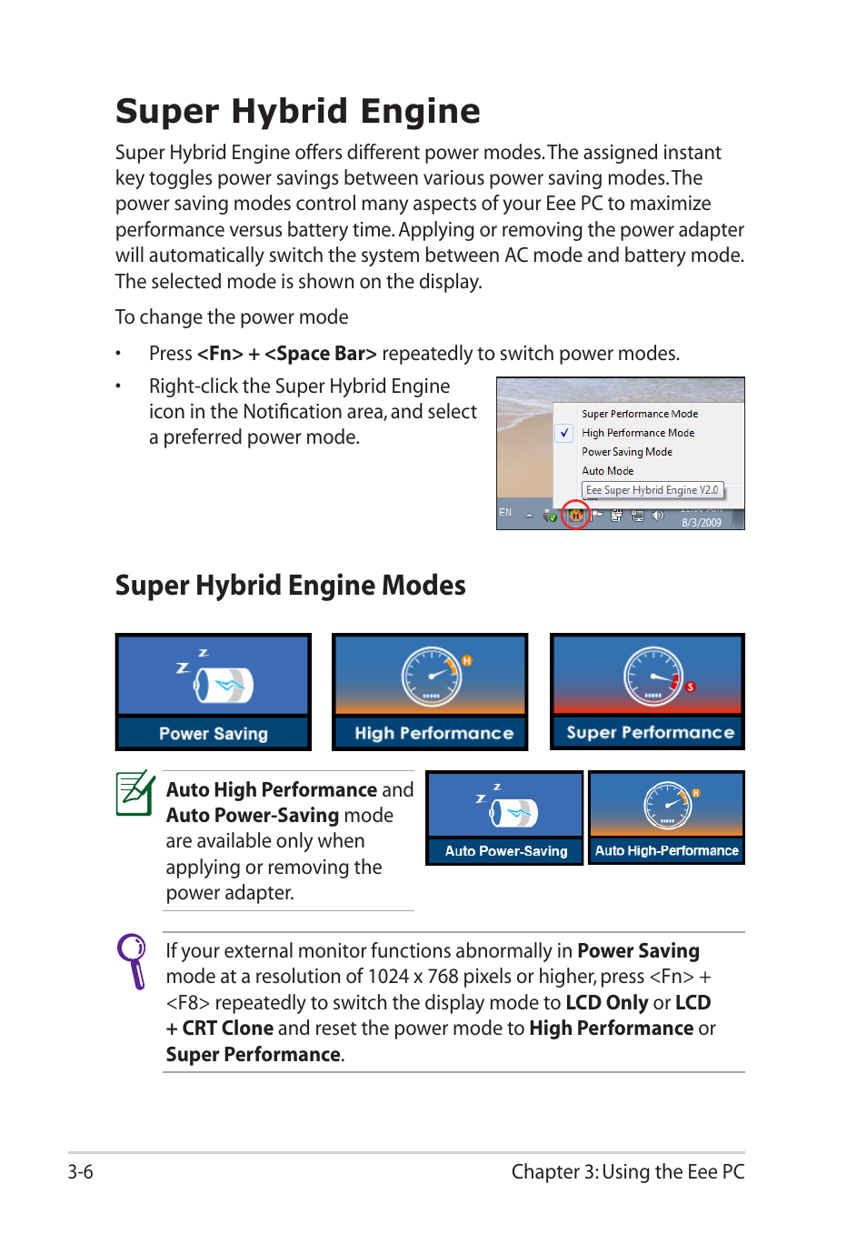 Super hybrid engine, Super hybrid engine modes, Super hybrid engine -6 | Super hybrid engine modes -6 | Asus Eee PC R052C User Manual | Page 36 / 60