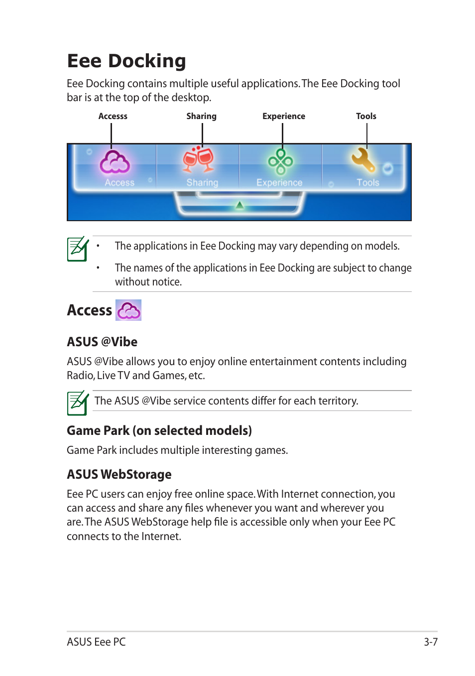 Eee docking, Access, Eee docking -7 | Access -7 | Asus Eee PC R052C User Manual | Page 37 / 60