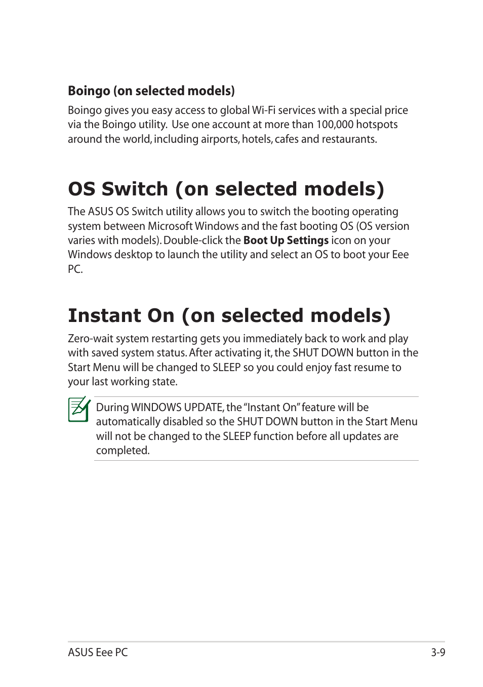 Os switch (on selected models), Instant on (on selected models) | Asus Eee PC R052C User Manual | Page 39 / 60