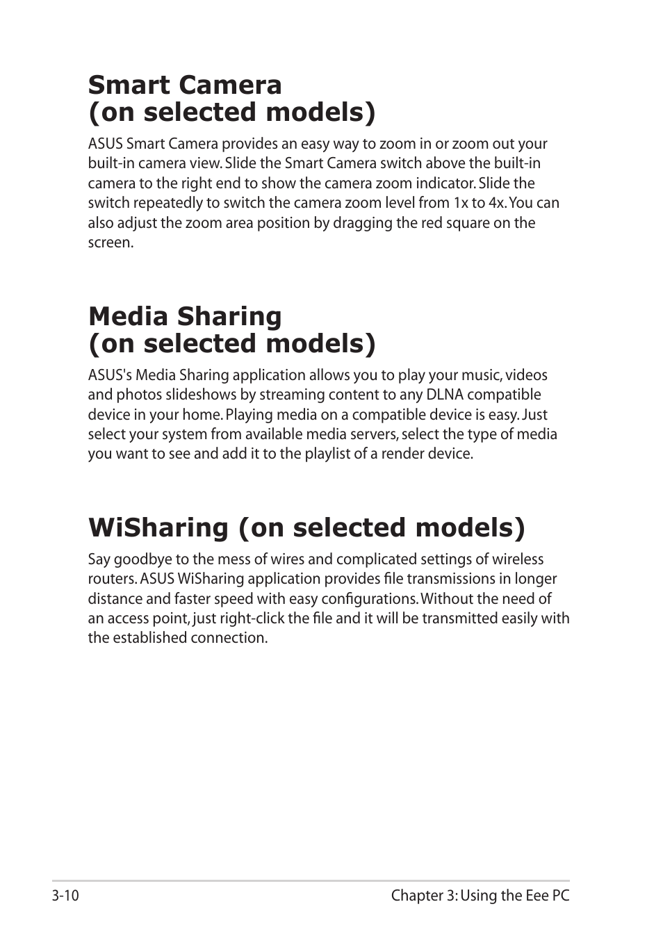 Smart camera(on selected models), Media sharing (on selected models), Wisharing (on selected models) | Smart camera (on selected models) | Asus Eee PC R052C User Manual | Page 40 / 60