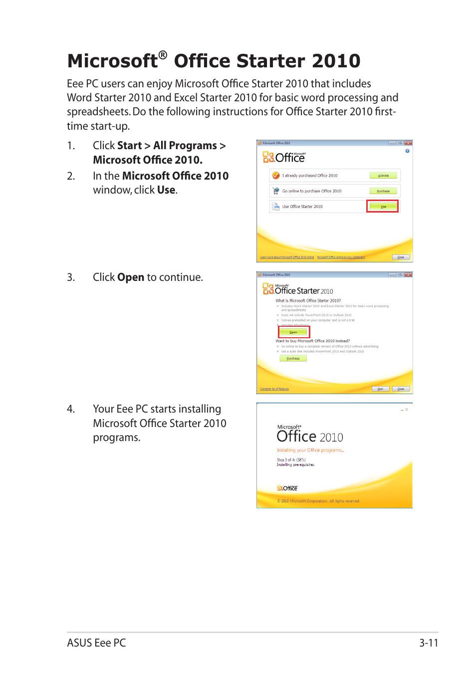 Microsoft® office starter 2010, Microsoft® office starter 2010 -11, Microsoft | Office starter 2010 | Asus Eee PC R052C User Manual | Page 41 / 60