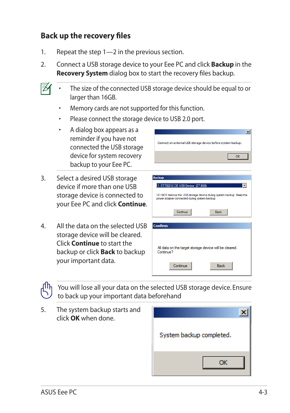 Back up the recovery files | Asus Eee PC R052C User Manual | Page 45 / 60