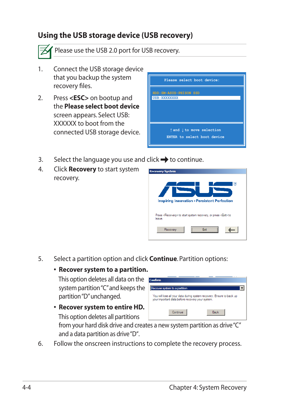 Using the usb storage device (usb recovery) | Asus Eee PC R052C User Manual | Page 46 / 60