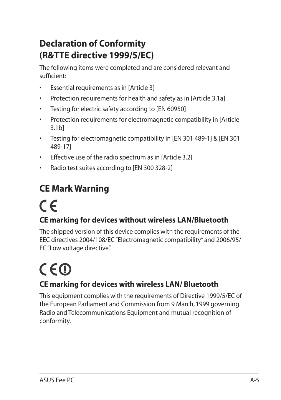 Ce mark warning | Asus Eee PC R052C User Manual | Page 51 / 60