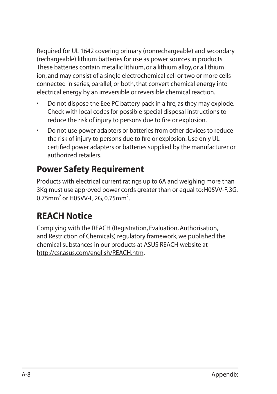 Power safety requirement, Reach notice | Asus Eee PC R052C User Manual | Page 54 / 60