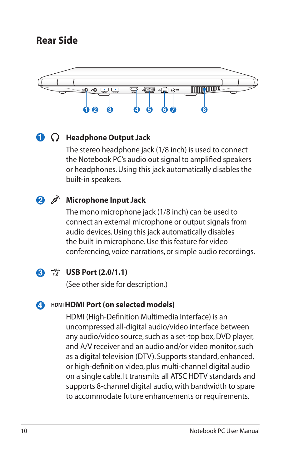 Rear side | Asus UX50V User Manual | Page 10 / 26