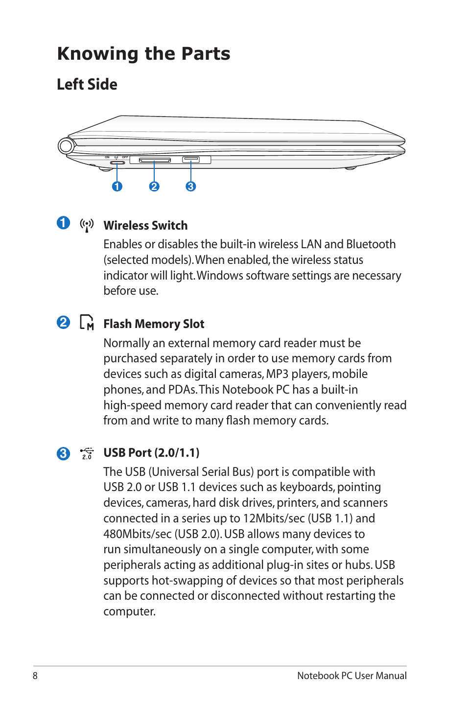 Knowing the parts, Left side | Asus UX50V User Manual | Page 8 / 26