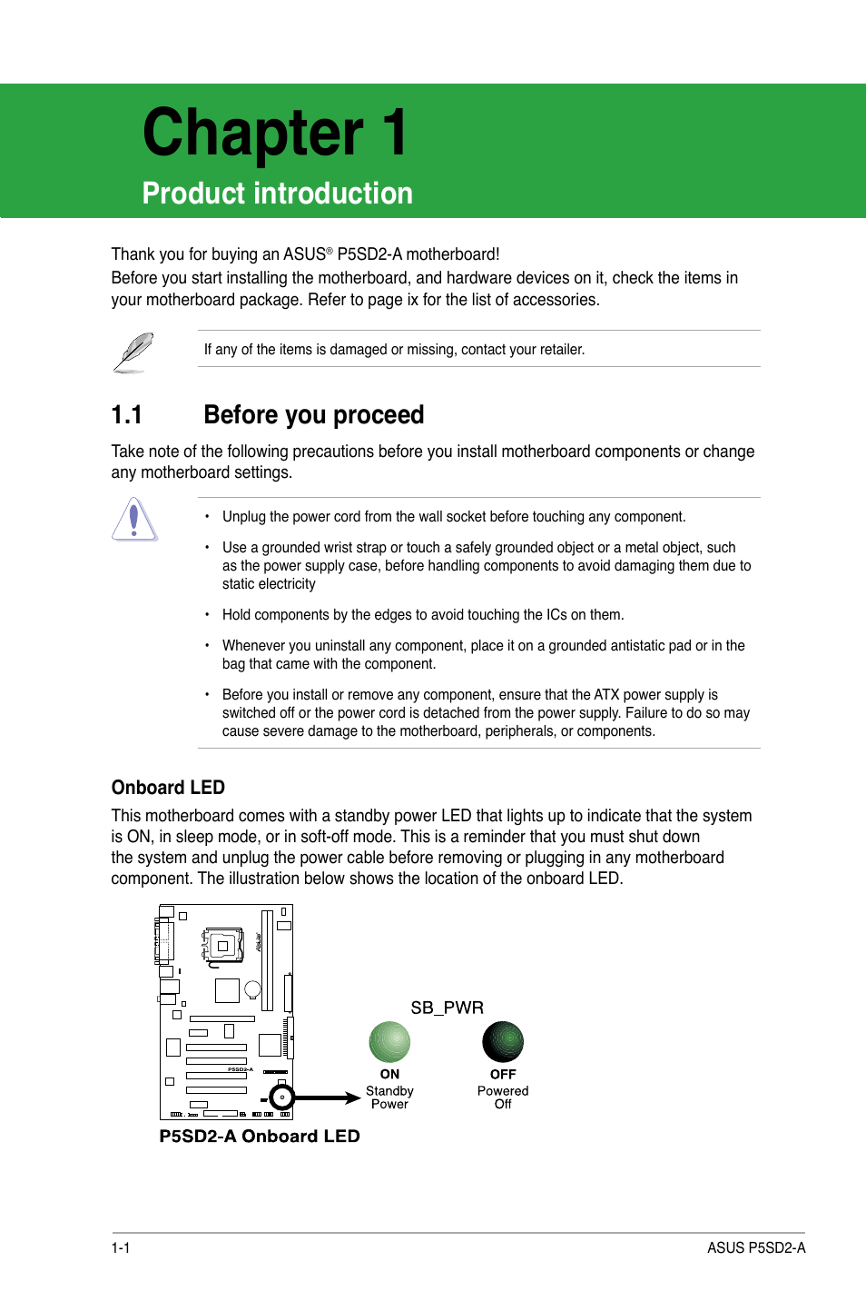 Product introduction, 1 before you proceed, Before you proceed -1 | Chapter 1 | Asus P5SD2-A User Manual | Page 10 / 40