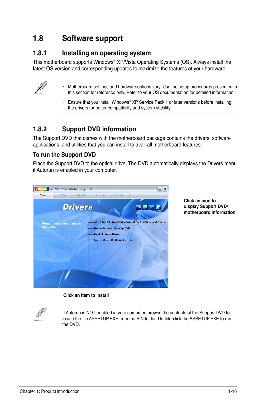 8 software support, 1 installing an operating system, 2 support dvd information | Software support -16 1.8.1, Installing an operating system -16, Support dvd information -16 | Asus P5SD2-A User Manual | Page 25 / 40