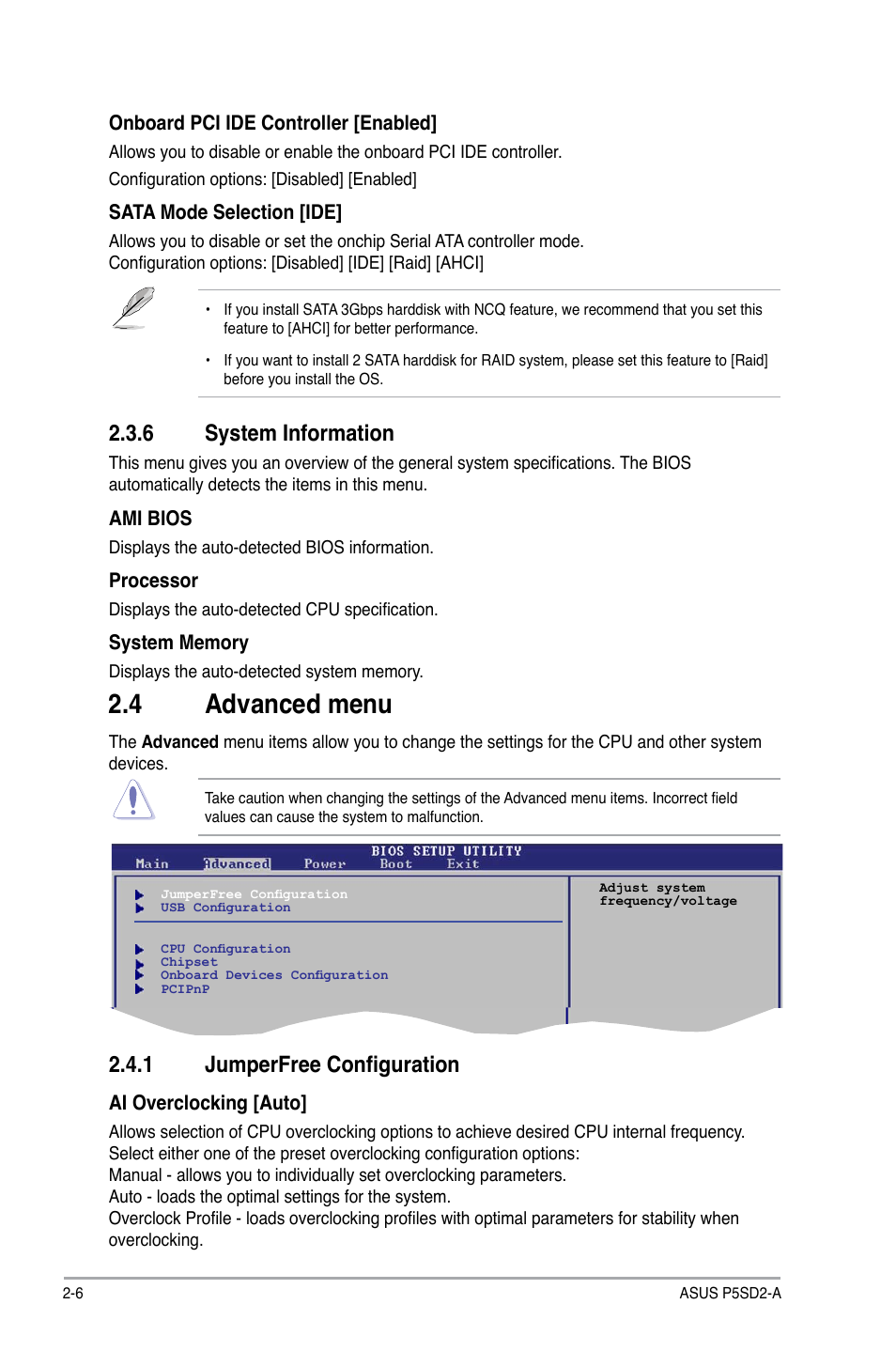 6 system information, 4 advanced menu, 1 jumperfree configuration | System information -6, Advanced menu -6 2.4.1, Jumperfree configuration -6 | Asus P5SD2-A User Manual | Page 31 / 40