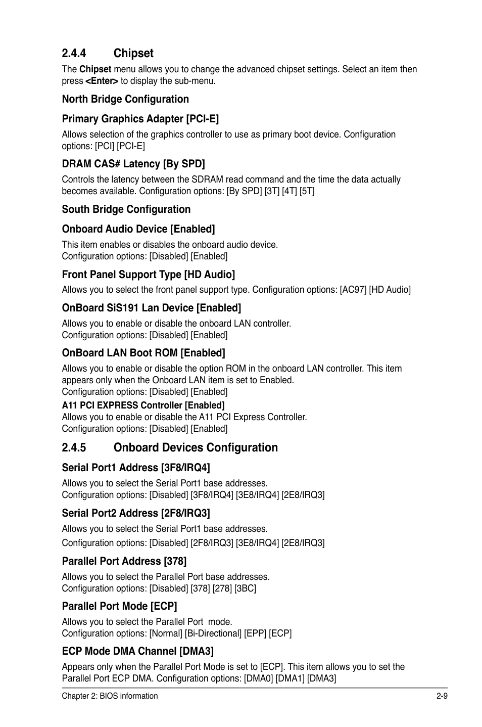 4 chipset, 5 onboard devices configuration, Chipset -9 | Onboard devices configuration -9 | Asus P5SD2-A User Manual | Page 34 / 40