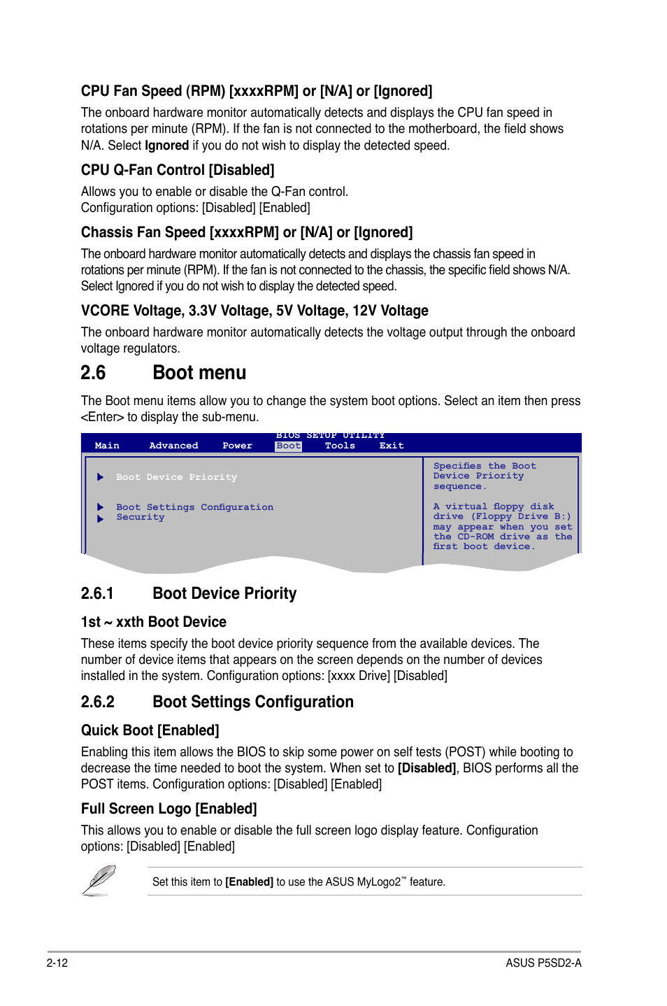 6 boot menu, 1 boot device priority, 2 boot settings configuration | Boot menu -12 2.6.1, Boot device priority -12, Boot settings configuration -12 | Asus P5SD2-A User Manual | Page 37 / 40