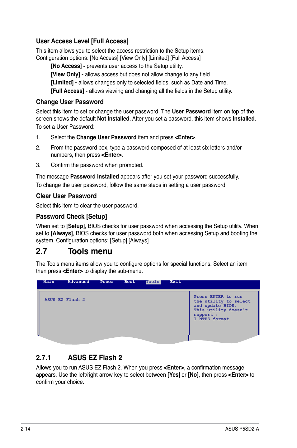 7 tools menu, 1 asus ez flash 2, Tools menu -14 2.7.1 | Asus ez flash 2 -14 | Asus P5SD2-A User Manual | Page 39 / 40