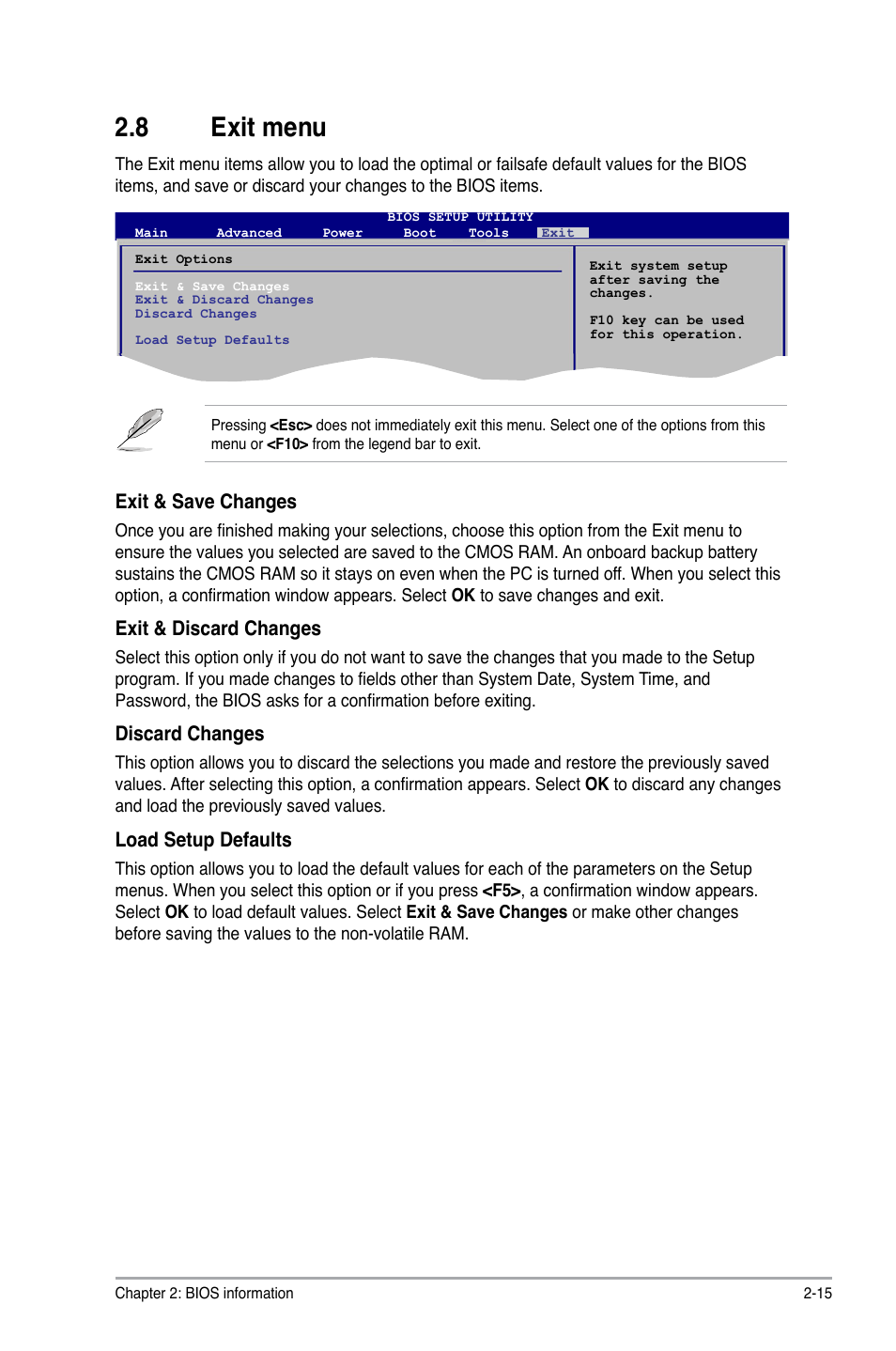 8 exit menu, Exit menu -15, Exit & save changes | Exit & discard changes, Discard changes, Load setup defaults | Asus P5SD2-A User Manual | Page 40 / 40