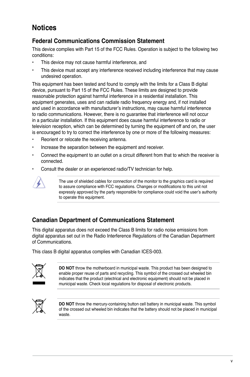 Notices, Federal communications commission statement, Canadian department of communications statement | Asus P5SD2-A User Manual | Page 5 / 40