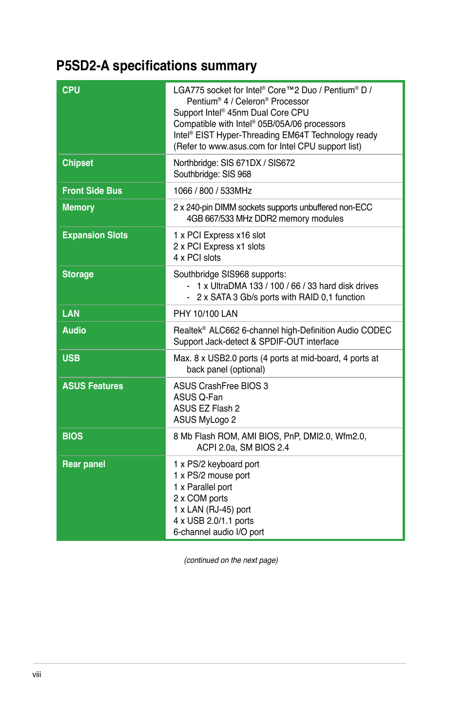 P5sd2-a specifications summary | Asus P5SD2-A User Manual | Page 8 / 40