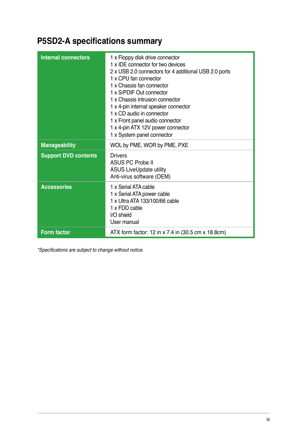 P5sd2-a specifications summary | Asus P5SD2-A User Manual | Page 9 / 40