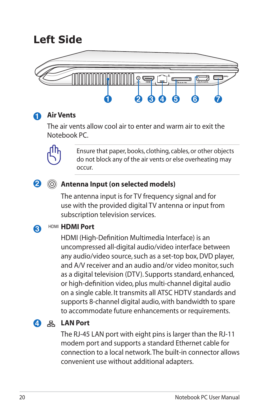 Left side | Asus PRO5MJN User Manual | Page 20 / 114