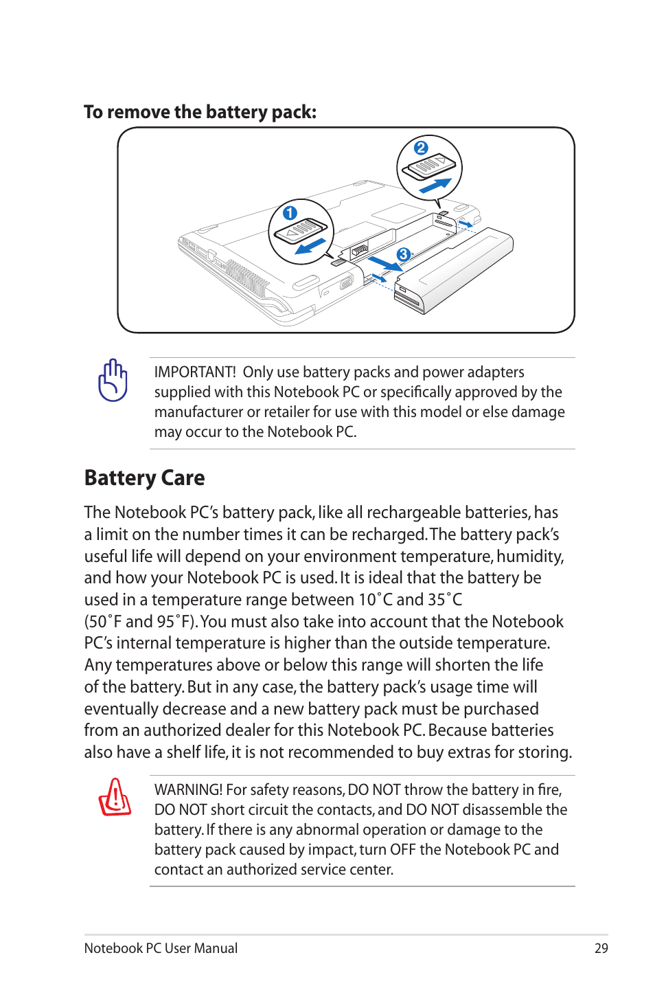 Battery care | Asus PRO5MJN User Manual | Page 29 / 114