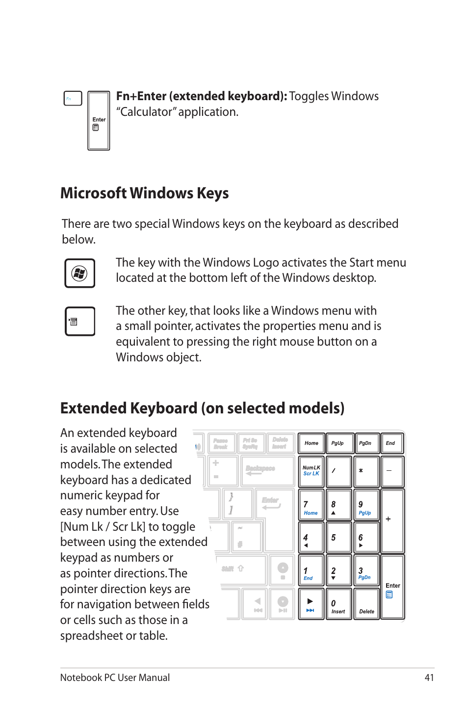 Microsoft windows keys, Extended keyboard (on selected models) | Asus PRO5MJN User Manual | Page 41 / 114