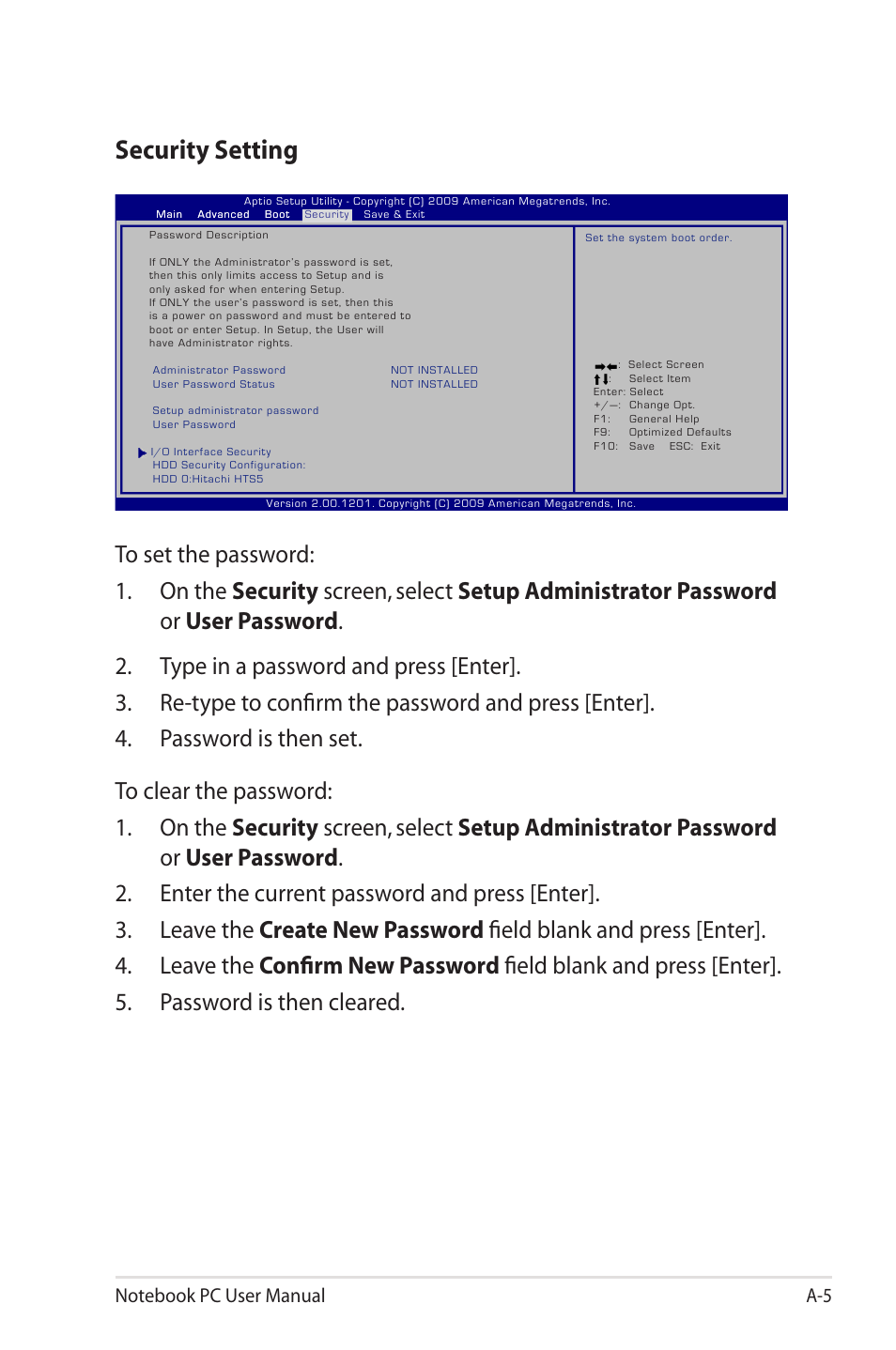 Security setting | Asus PRO5MJN User Manual | Page 79 / 114