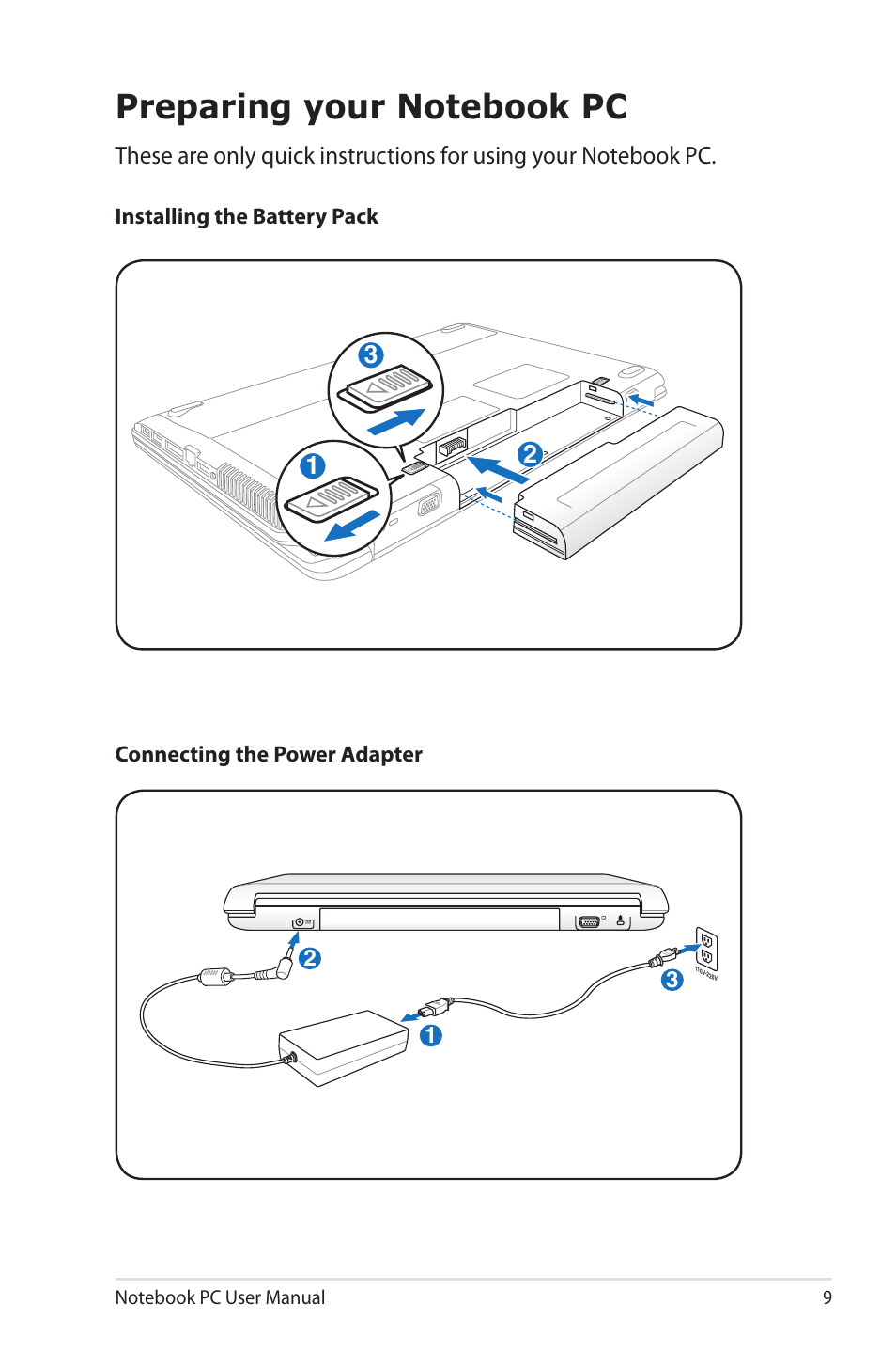 Preparing your notebook pc | Asus PRO5MJN User Manual | Page 9 / 114