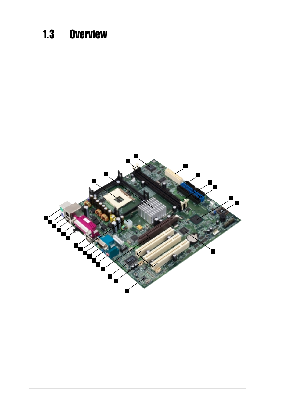 3 overview, 1 identifying the motherboard components, 2 chapter 1: product introduction | Asus P4B-LX User Manual | Page 14 / 108