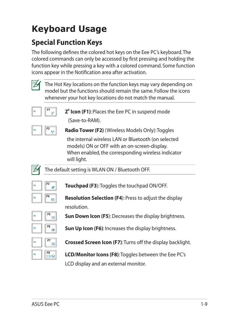 Keyboard usage, Special function keys, Keyboard usage -9 | Special function keys -9 | Asus Eee PC 1101HA User Manual | Page 17 / 50