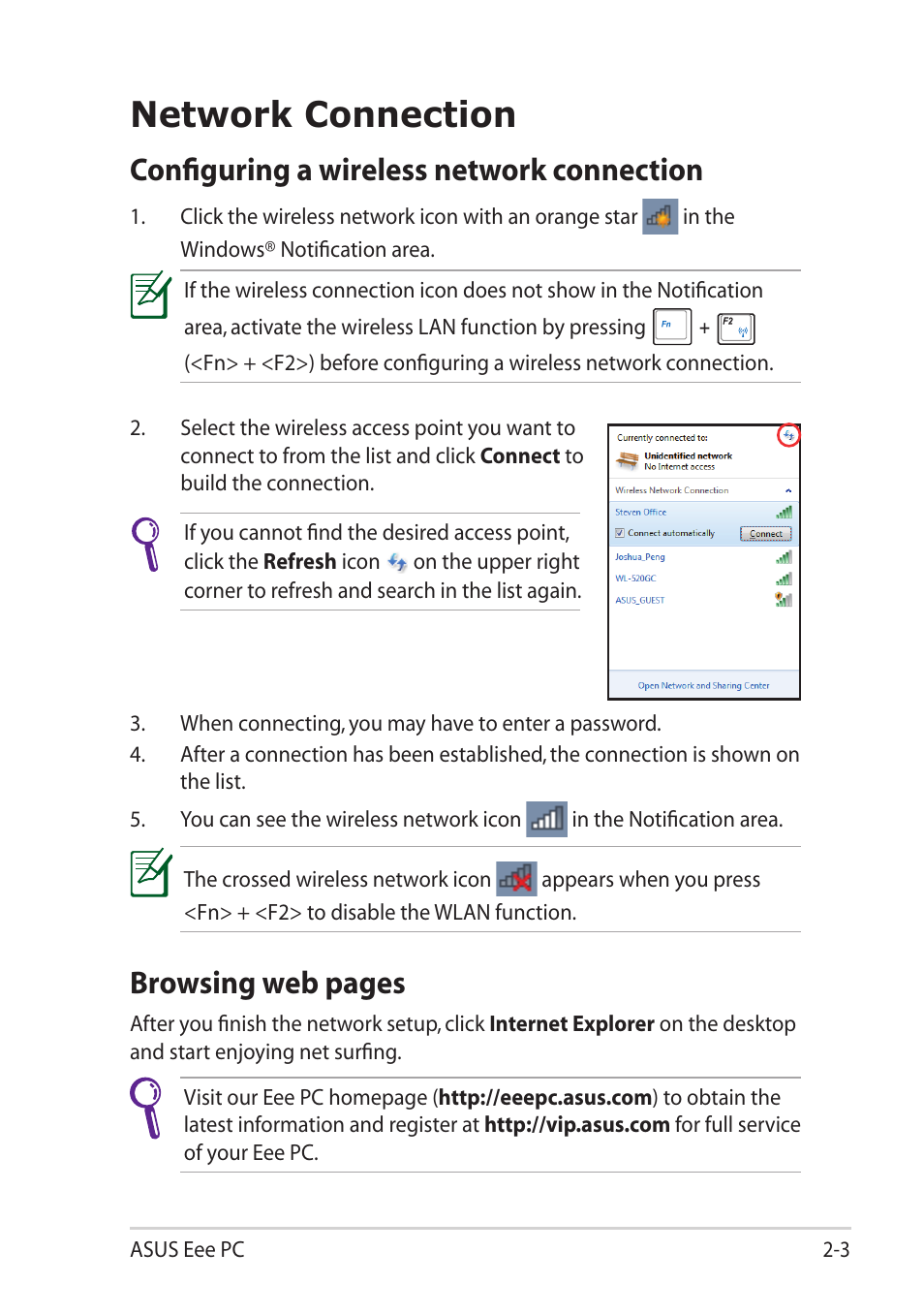 Network connection, Configuring a wireless network connection, Network connection -3 | Browsing web pages | Asus Eee PC 1101HA User Manual | Page 23 / 50