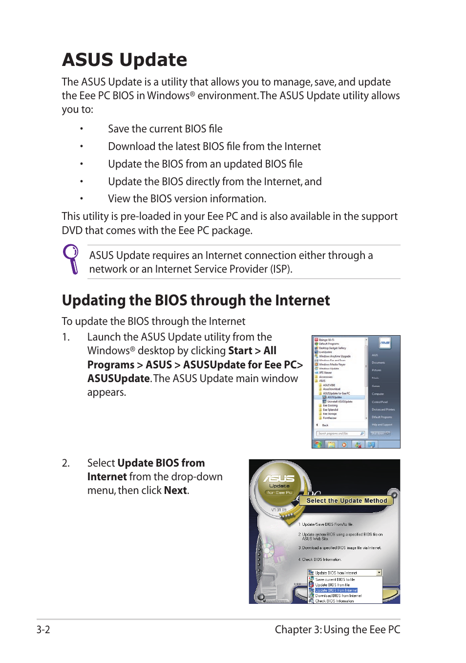 Asus update, Updating the bios through the internet, Asus update -2 | Updating the bios through the internet -2 | Asus Eee PC 1101HA User Manual | Page 26 / 50