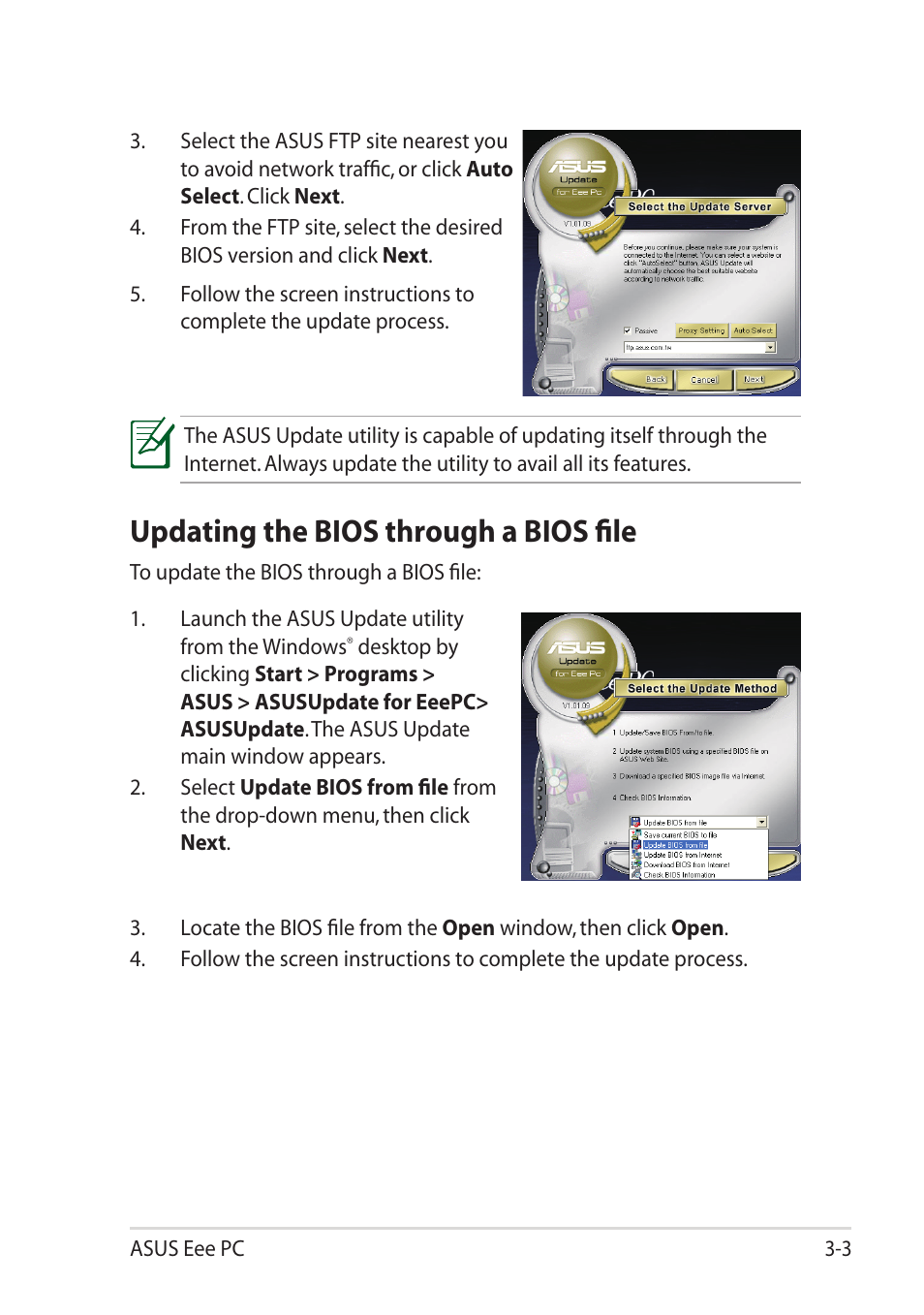 Updating the bios through a bios file, Updating the bios through a bios file -3 | Asus Eee PC 1101HA User Manual | Page 27 / 50