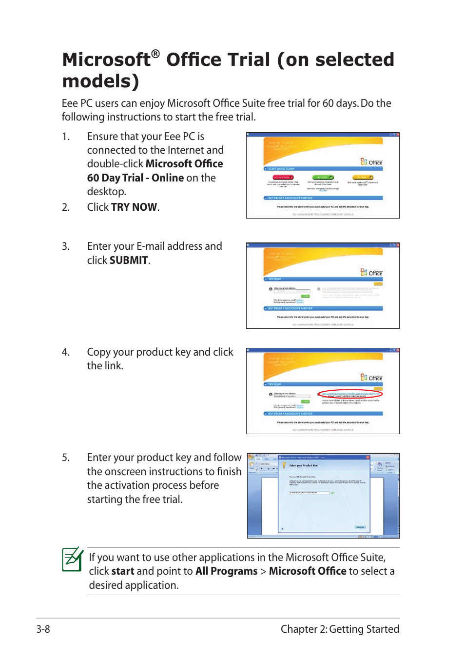 Microsoft® office trial, Microsoft, Office trial (on selected models) -8 | Office trial (on selected models) | Asus Eee PC 1101HA User Manual | Page 32 / 50